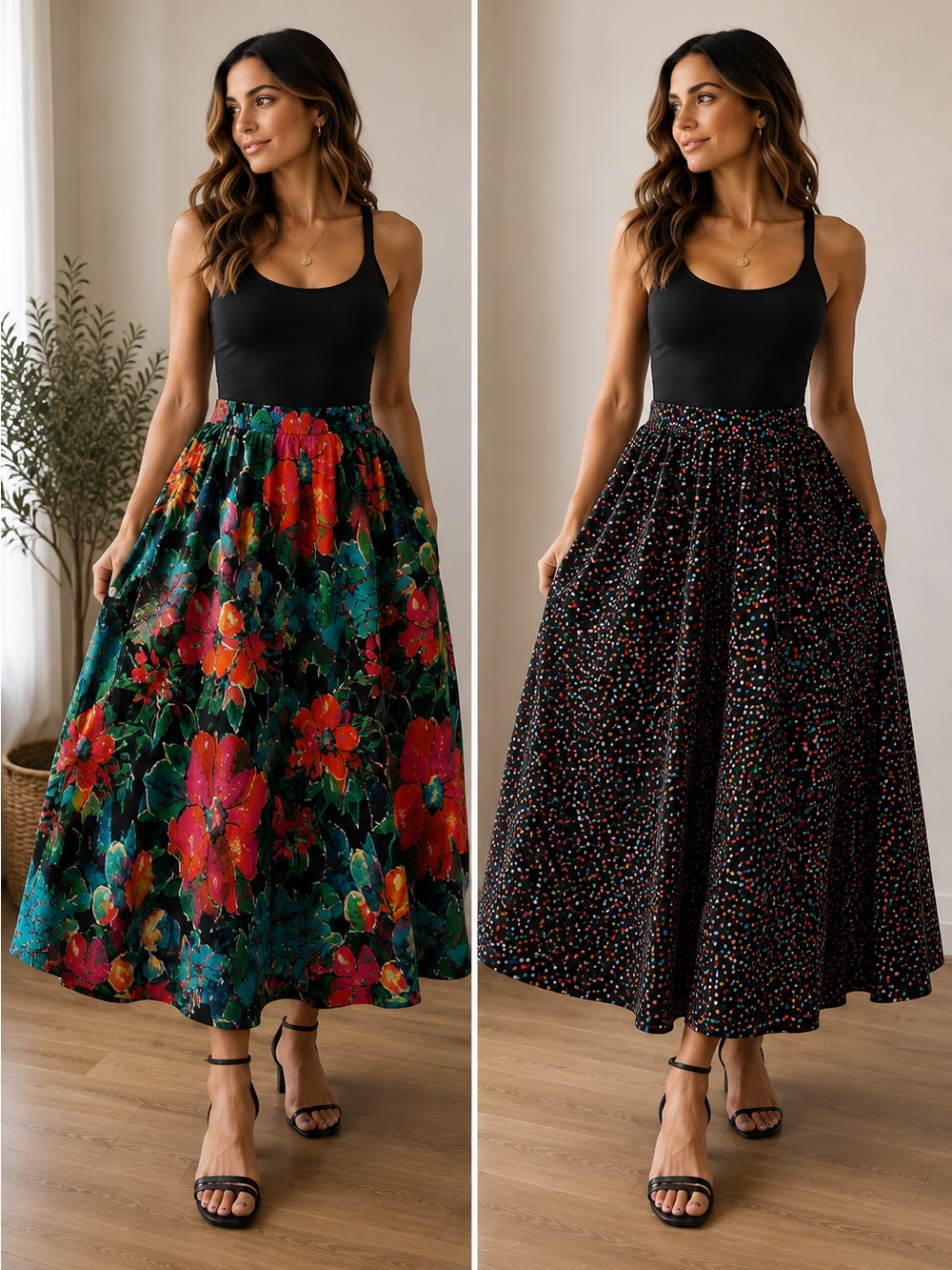Vintage Coldwater Creek Reversible Maxi Skirt Size 8 Floral Polka Dot